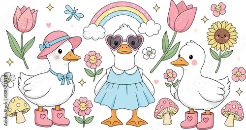 Cute goose illustration set with flowers, rainbow, mushrooms, boots, and playful spring characters for nursery decor and whimsical flat vector design