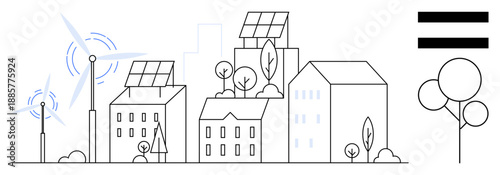 Renewable energy sources power modern buildings with solar panels and wind turbines. Green trees and clean design elements suggest eco-living. Ideal for sustainability, renewable energy