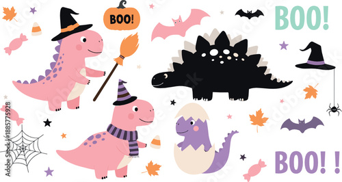 Cute Halloween dinosaur illustration set with spooky costumes, bats, pumpkins, ghost dino, candy elements, and playful autumn nursery flat vector design
