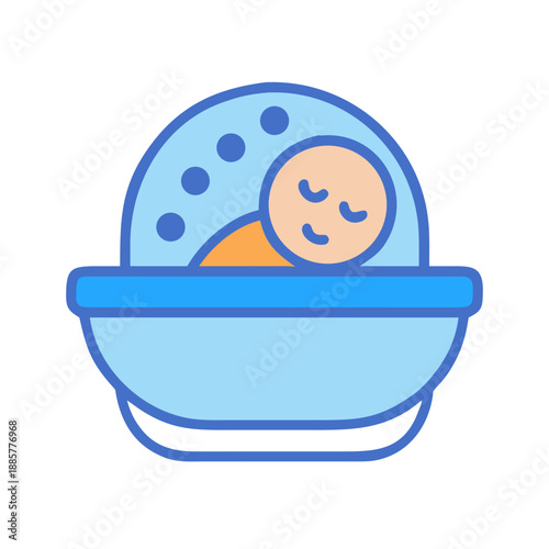 Illustration of a peacefully sleeping baby in a bassinet on a black background