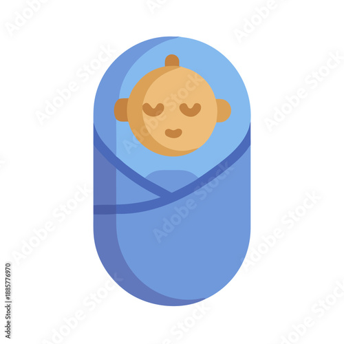 Stylized illustration of a newborn baby swaddled in a light blue blanket
