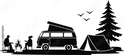 Cartoon camping scene silhouette with camper van, tent, campfire, pine tree, birds, and two people on stools.