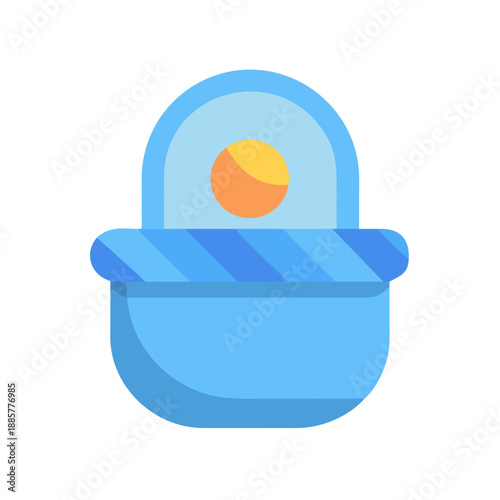 Stylized light blue hamper illustration with soft yellow accent on black background