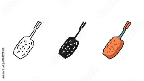 Three corn dogs with varied line art styles on white background detailed illustration