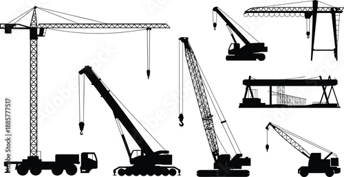 Cartoon construction crane silhouette icon set with tower, mobile, crawler, gantry, floating, and truck-mounted crane types.