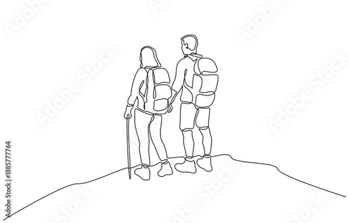 Continuous one line drawing of backpacker couple standing on mountaintop, travel and adventure concept, single line art.