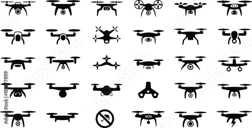 Cartoon drone silhouette icon set with quadcopters, hexacopters, camera drones, and “no drone” symbol in grid layout.