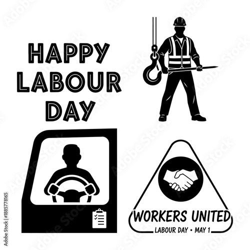 Labour Day motivational badges with celebrate work trust the process and emergency medic silhouette