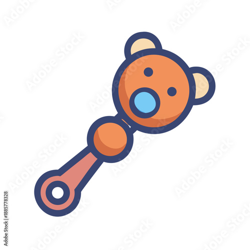 Cartoon style bear rattle toy icon with orange head on black background