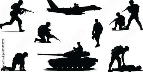 Cartoon military silhouette icon set with soldiers, tank, aircraft, rifle, support, and battlefield action scenes.