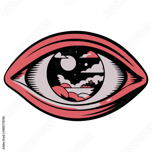 Inner Vision: Captivating illustration that unveils a surreal night sky reflected within a wide-open eye, blending reality with dreamlike imagery. 