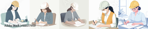 A Female Worker Writing at a Desk Vector Illustration