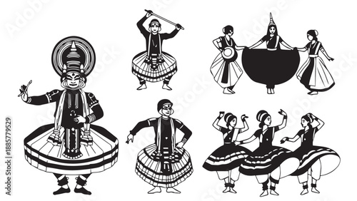 Traditional cultural dance figures in ceremonial costumes illustration collection featuring group performers.