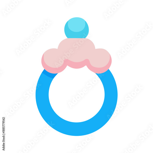 Colorful flat illustration of a blue and pink baby rattle toy