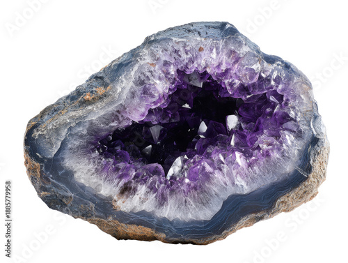 A close-up shot showcases a stunning amethyst geode. Its exterior is a rough, grey rock, while the interior is filled with sparkling, purple crystals. Isolated Transparent Background, PNG