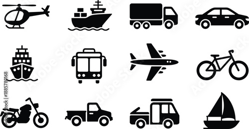 Cartoon silhouette icon set of transportation vehicles including land, air, and sea modes in grid layout.