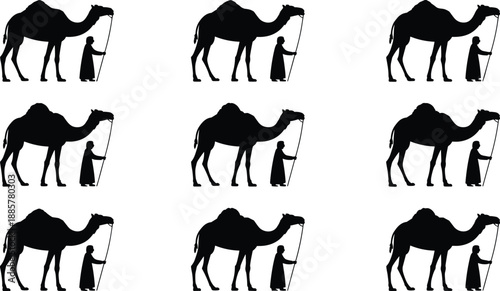 Cartoon silhouette icon set of person standing beside camel with staff, repeated in grid pattern for cultural design.
