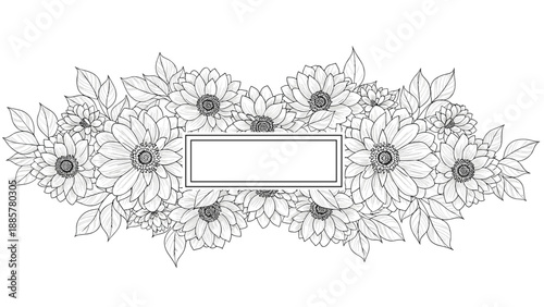 Elegant black and white floral arrangement with a rectangular frame in the center, perfect for wedding invitations or greeting cards.