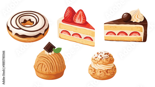 Assortment of delicious Japanese and Western-style cakes and pastries, including strawberry shortcake and a mont blanc.
