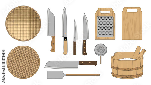 Comprehensive collection of traditional Japanese kitchen utensils, including various knives, graters, and woven bamboo trays.