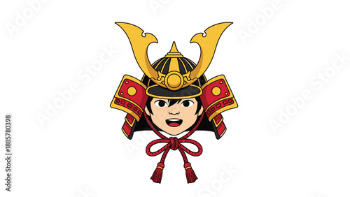 Cute cartoon illustration of a smiling boy's face wearing a traditional Japanese samurai helmet, or kabuto, with red accents.
