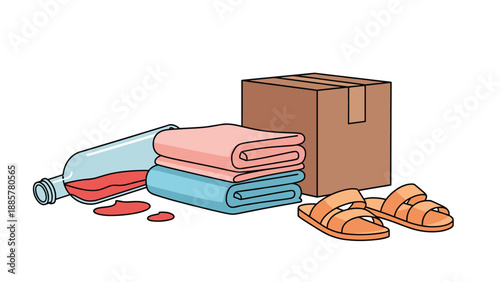 Collection of miscellaneous household items including a cardboard box, folded towels, sandals, and a spilled bottle of wine.