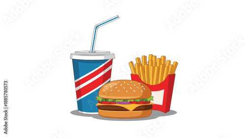 Classic fast food meal combination featuring a juicy cheeseburger, a carton of golden french fries, and a soda fountain drink.