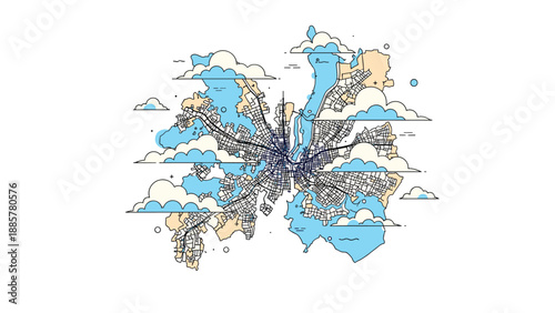 Artistic and abstract line art map of a city's street grid, partially obscured by stylized clouds, on a white background.