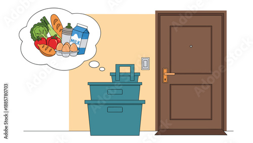 Contactless grocery delivery concept with shopping baskets left at a front door and a thought bubble showing the food inside.