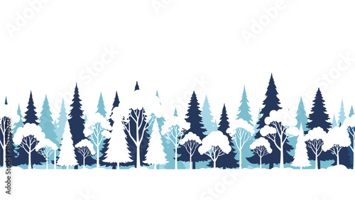 Seamless horizontal border of a winter forest landscape with silhouettes of pine and deciduous trees in shades of blue.