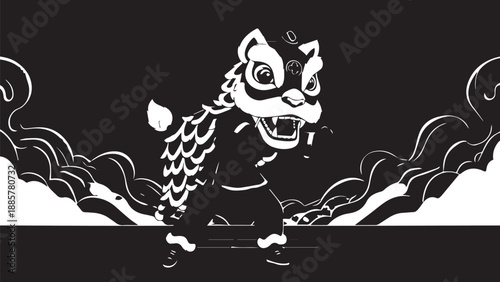 Illustration of a stylized black and white dragon rising over waves in a bold fantasy scene.