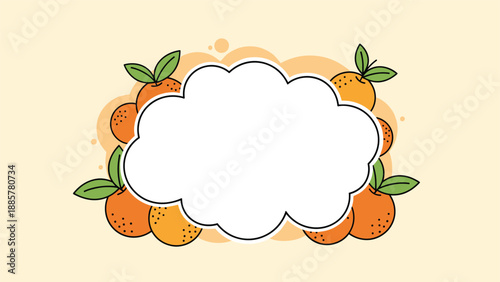 Cute and simple frame design featuring a fluffy white cloud for copy space, surrounded by cartoon oranges with green leaves.