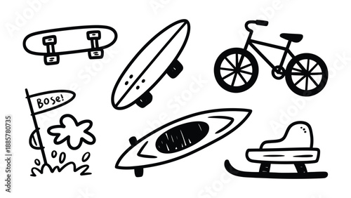 Outdoor Recreation Items: An artistic collection of outdoor recreation equipment illustrations, ready for a day of adventure.