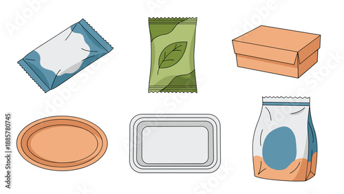 Collection of various food packaging and container illustrations, including bags, boxes, trays, and plastic-wrapped items.