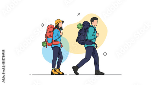 Illustration of a young couple, a man and a woman, wearing backpacks and hiking gear, walking together on an adventure.
