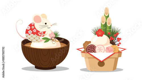 Japanese New Year illustrations featuring a cute mouse with kagami mochi and a traditional kadomatsu pine decoration.