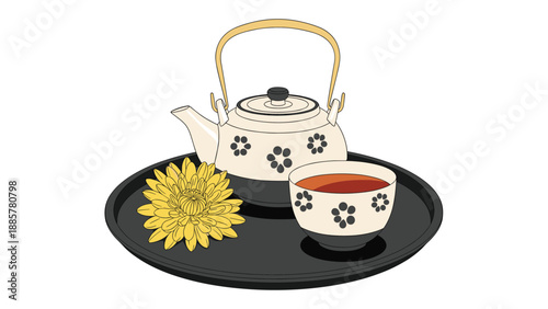 Minimalist illustration of a Japanese tea set with a floral-patterned teapot and cup on a black tray with a yellow flower.