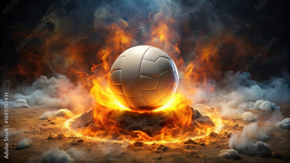 Fototapeta premium Fiery Inferno A Volleyball Emerges from a Volcanic Eruption of Flame and Smoke