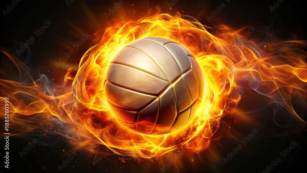 Fototapeta premium Fiery Volleyball Enveloped in Blazing Inferno A Striking Visual of Intense Competition and Unbridled Passion