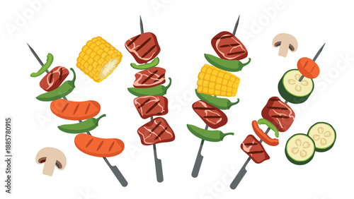 Delicious-looking illustration of assorted barbecue skewers with grilled meat, sausage, corn, and vegetables, ready for a summer cookout.