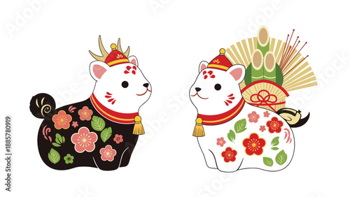 Two adorable Japanese Inu Hariko papier-mache dog figurines, one black and one white, decorated for the New Year with floral patterns.