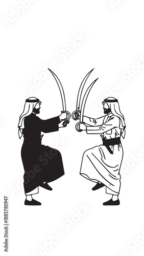 Two traditional Arab men duel with curved swords in a cultural scene.