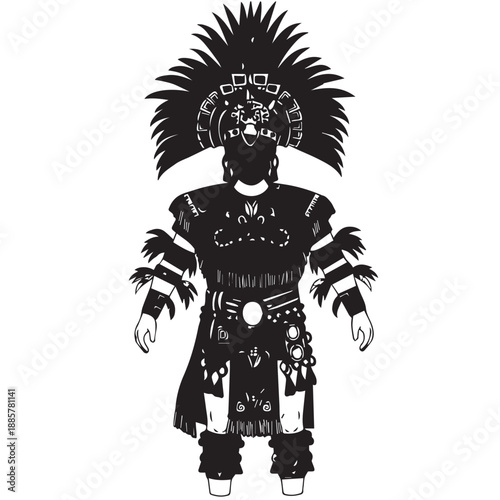 Silhouetted ceremonial warrior figure with feathered headdress and ornate attire.