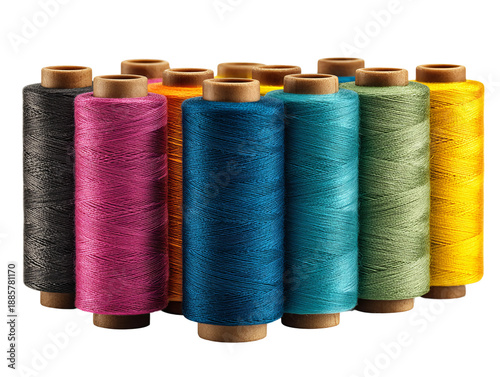 A collection of colorful thread spools arranged together Isolated Transparent Background, PNG