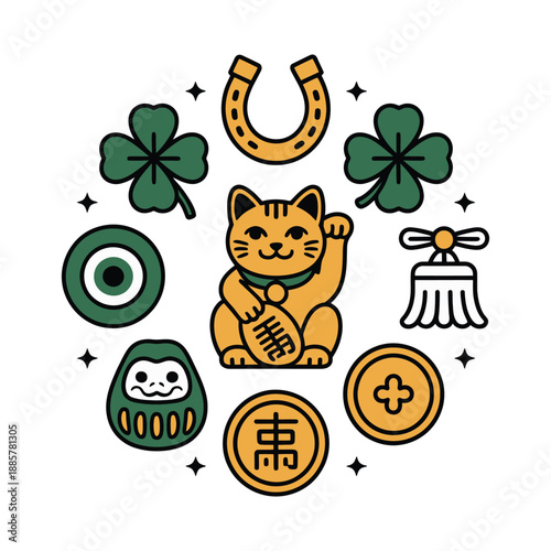 Lucky Symbols with Maneki Neko Clover Horseshoe and Daruma on white background