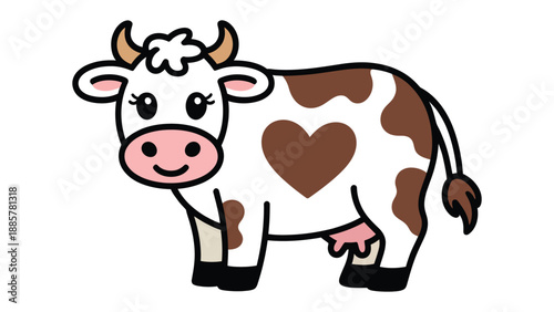 Cute cartoon cow: Adorable cartoon cow with a heart-shaped pattern standing on two legs, evoking feelings of innocence and charm. 