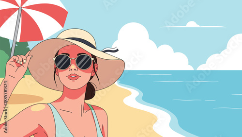 Elegant woman wearing a sun hat and sunglasses, smiling confidently on a sunny beach with an umbrella and ocean in the background.