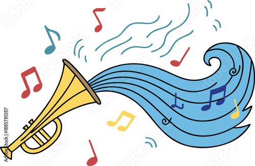 Trumpet with blue music waves and colorful musical notes on transparent backdrop