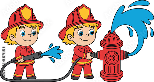 Cute cartoon kids firefighters spraying water from fire hose and hydrant, smiling child hero characters, fire safety education and rescue concept illustration