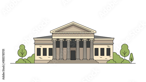 Classical Greek or Roman style building with grand columns and a pediment, surrounded by neat green trees and bushes.